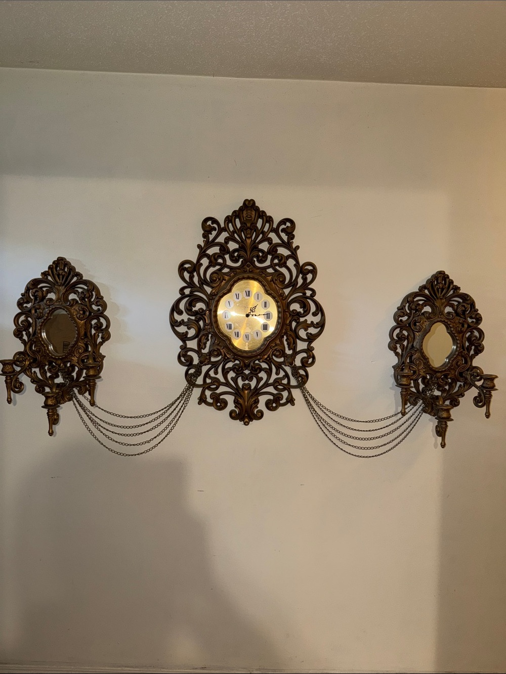 Ornate Antique-Style Gold Wall Clock Set with Decorative Chains